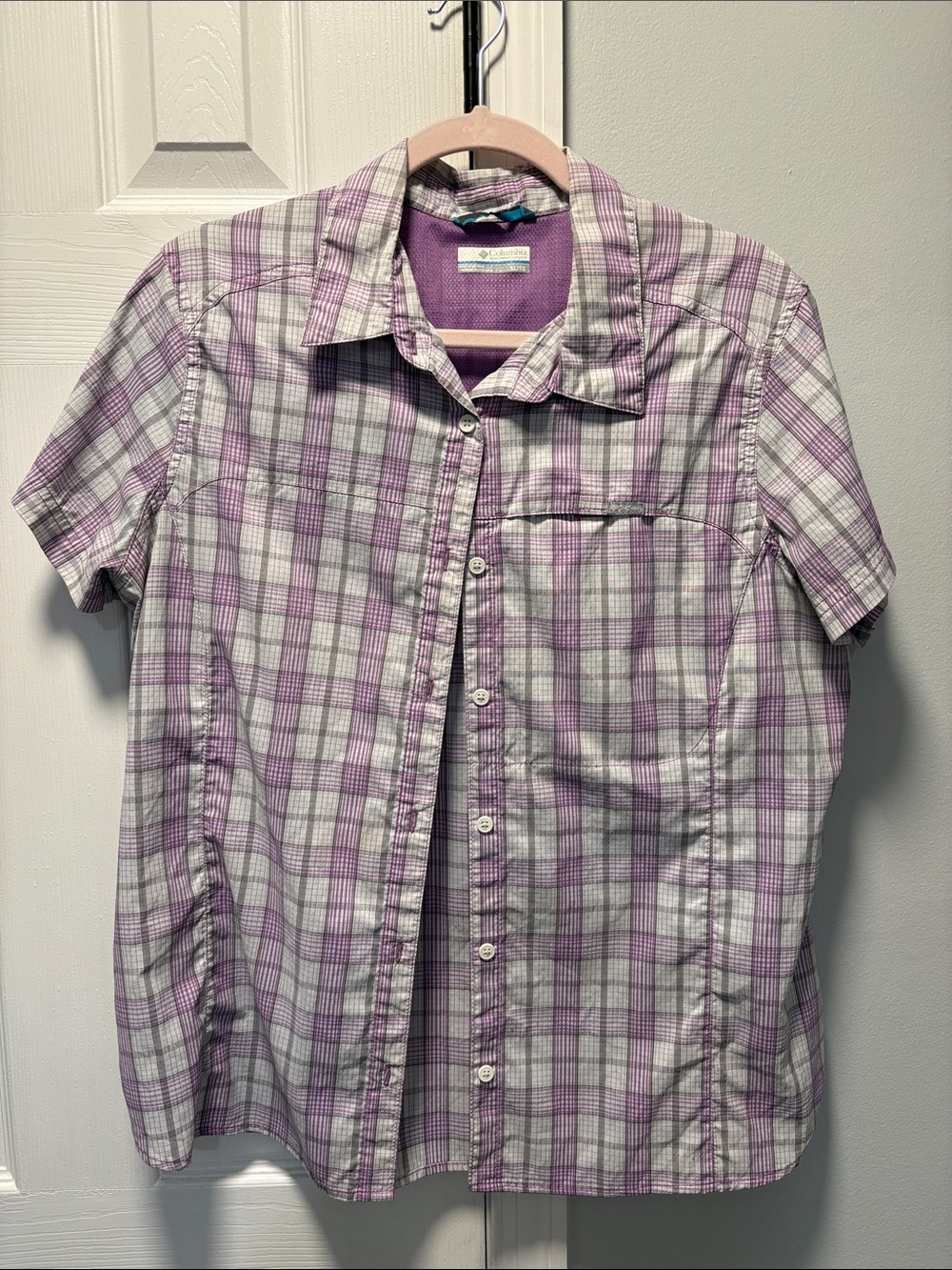 Eddie Bauer Lavender Plaid Short-Sleeve Button-Up Top